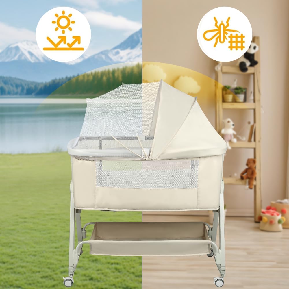 Berceau Cododo pour Bébé 3 en 1, Réglable en Hauteur et Inclinaison, avec Matelas Moelleux et Moustiquaire, 4 Roues, 1-36 Mois Kaki 50x91x68-81cm