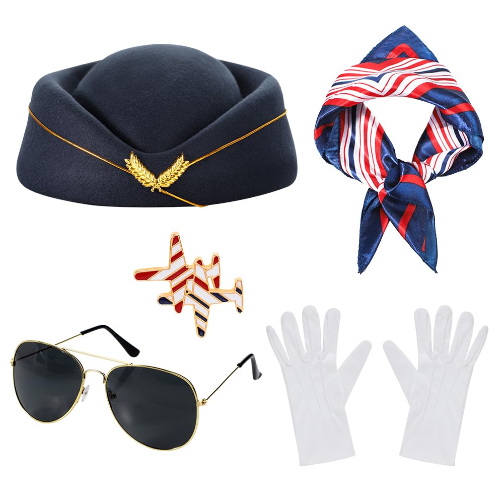 5Pcs Women Air Hostess Costume Set Flight Attendant Costume Airline Stewardesses Outfits with Stewardess Hat Sunglasses Brooch Scarf Gloves for Cosplay Fancy Dress Halloween Party (Navy Blue)