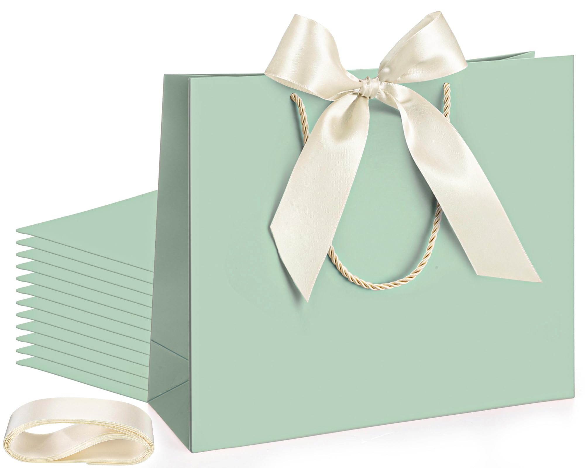 Silkfly Thank You Gift Bags with Handle 12x10x4'' Welcome Return Gifts Bag with Bow Ribbon for Wedding Bridesmaid Baby Shower Birthday Housewarming Employee Appreciation Day(Sage Green,12 Pcs)