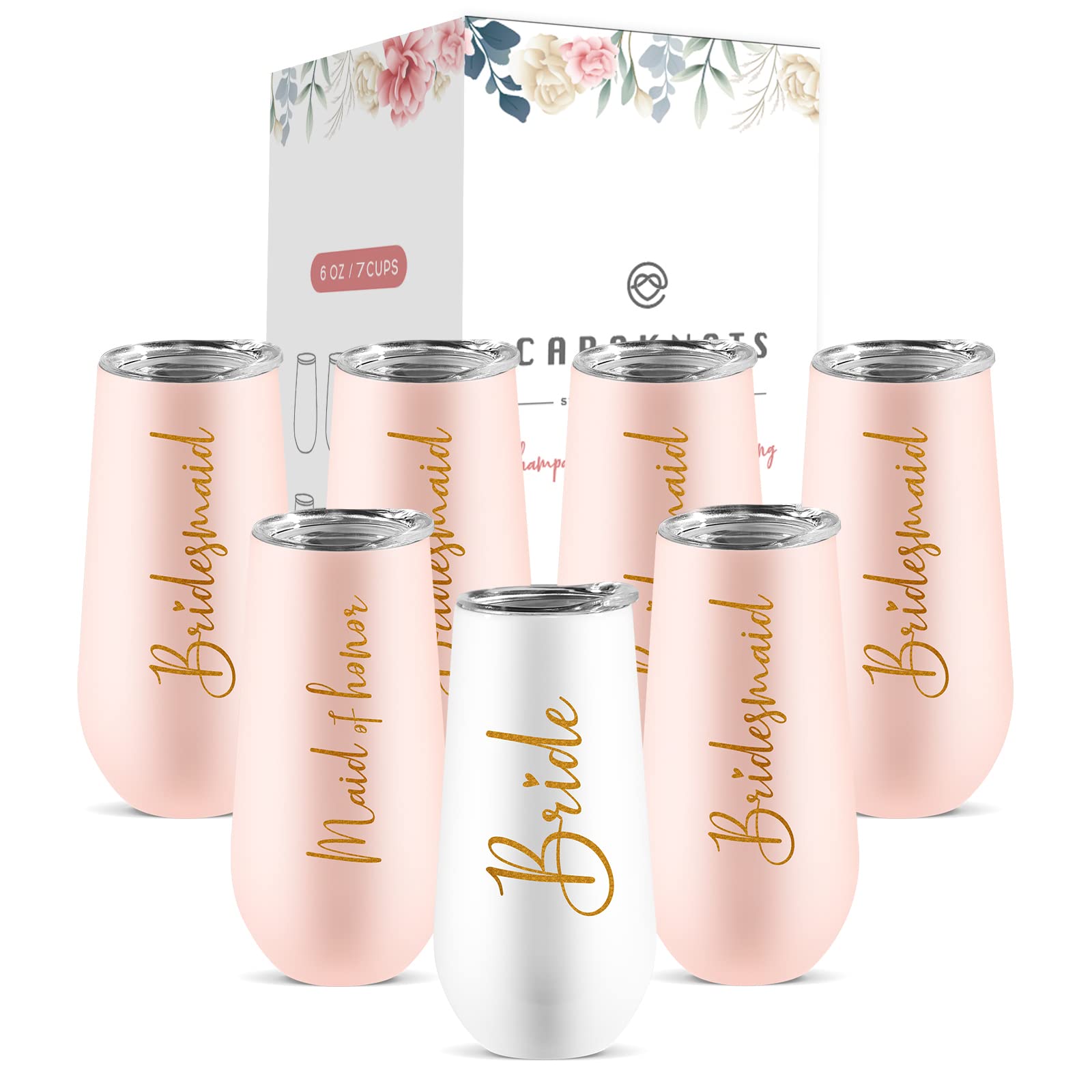 CARAKNOTS Juego de 7 copas de champán para damas de honor, regalo de despedida de soltera para novia, damas de honor, vaso de champán, compromiso, despedida de soltera, regalo de despedida de soltera