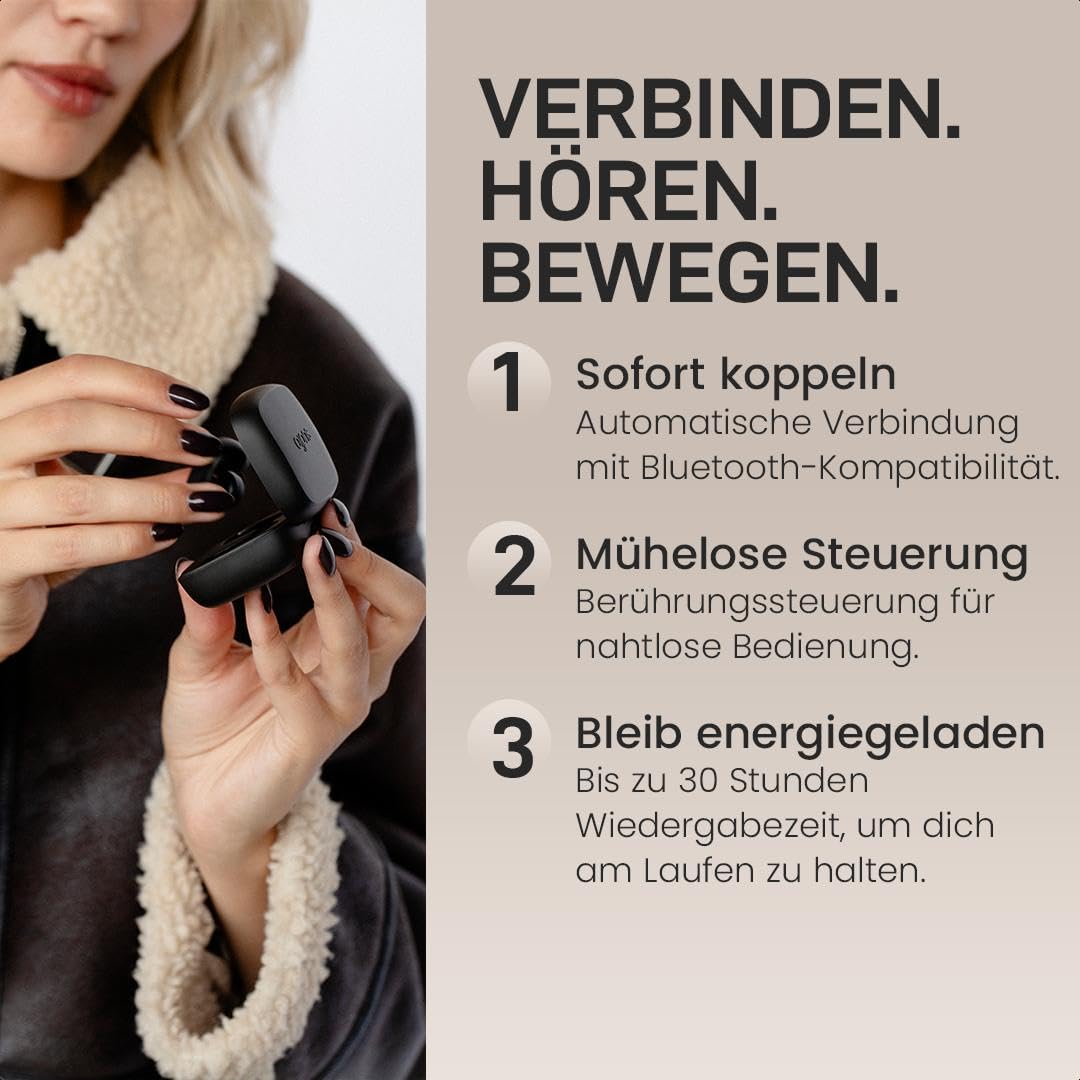 sudio B3 True Wireless Kopfhörer Kabellos Bluetooth 6.0 | Offene Clip-On Earpods | Multipoint Verbindung | 30h Spielzeit | Touch Steuerung | Schweiß & Spritzwassergeschützt | USB-C Ladecase | Schwarz