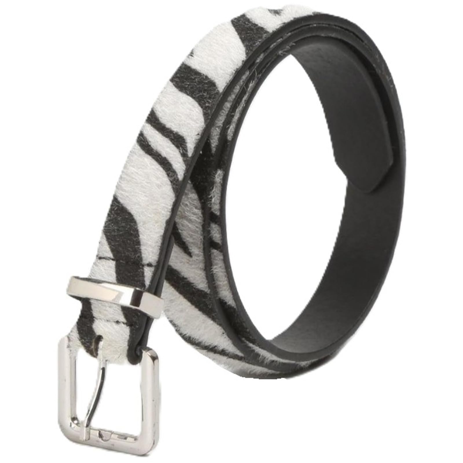 AGUTALITHIC Women's Men's Zebra Striped Faux Fur PU-Leather Skinny Belt Metal Buckle 2.5cm Thin Strap for Pants Jeans Dresses(110cm/43, Stripe)