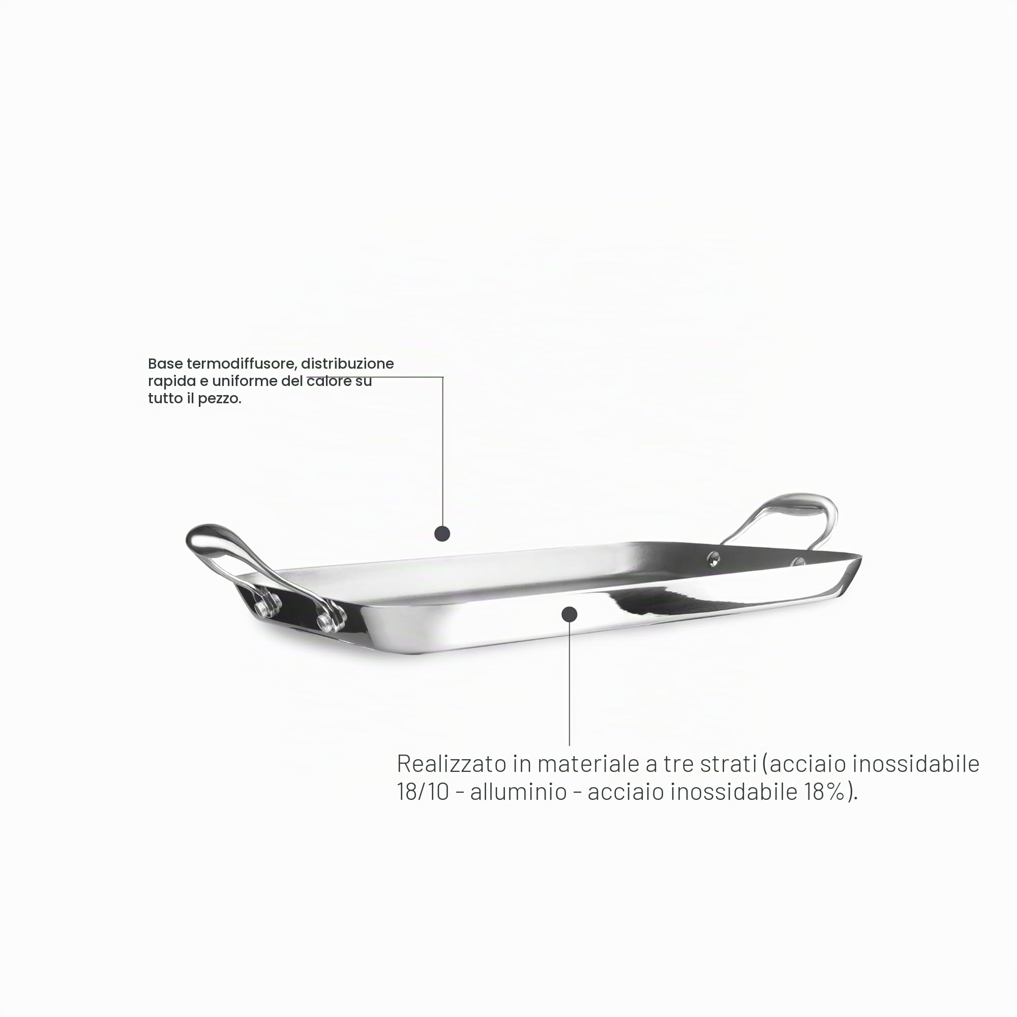 IBILI - Grill piastra tristrato naturale triply 38 x 25 cm, acciaio inossidabile, adatta per induzione, senza antiaderente