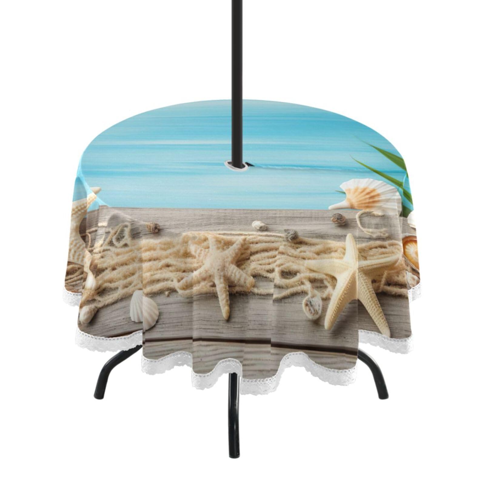 Wajiw 60 Inch Indoor Outdoor Round Tablecloth with Umbrella Hole and Zipper Waterproof Patio Table Cover for Camping Dining Room Party Outdoor Picnic,Starfis