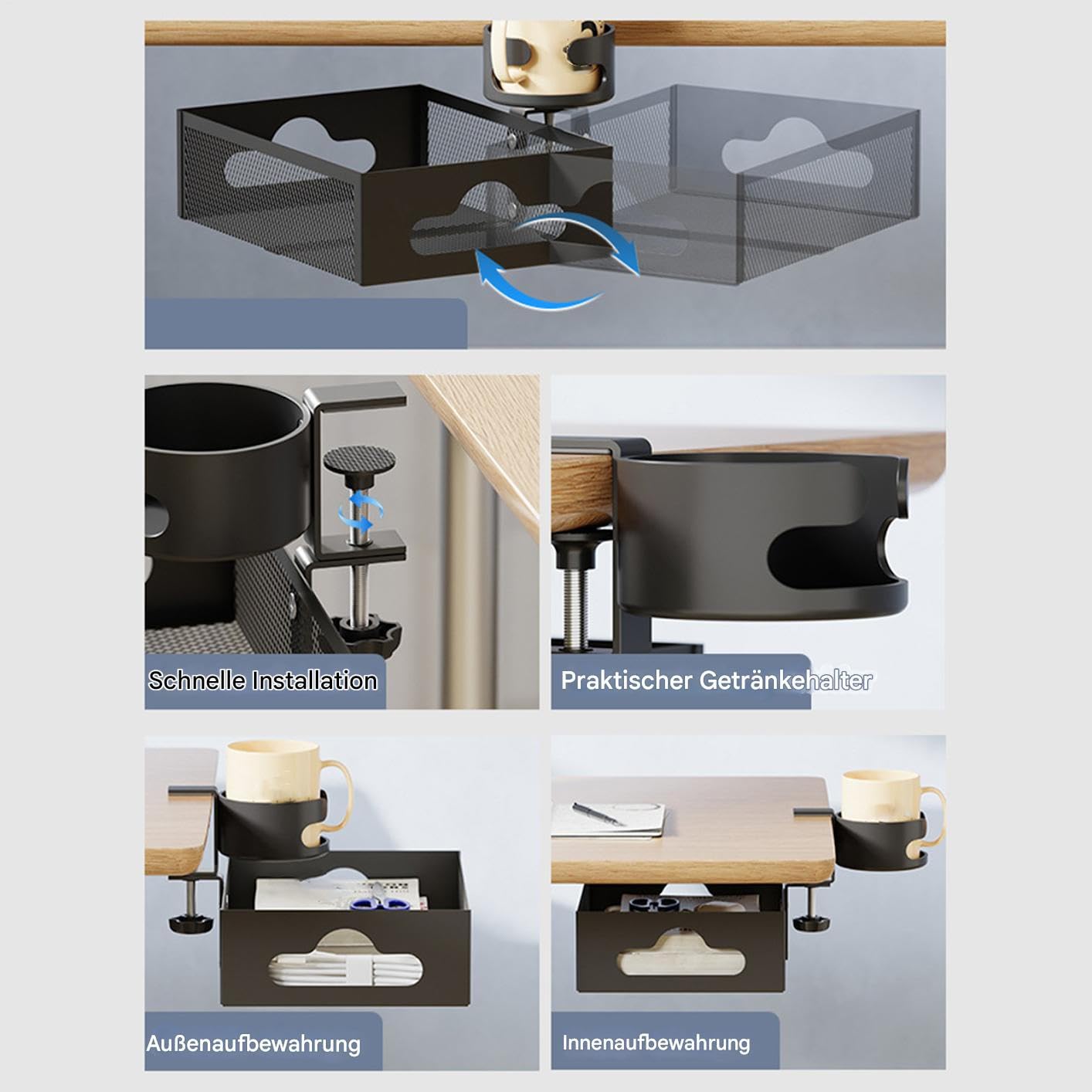 Generisch Under Desk Organizer, Storage Drawer, Rotating Stationery Shelf, Built-In Cup Holder, Ideal for Space Saving Desk Solution, 10.31x7.68x2.95 pulgadas, Black Color, 1 Set