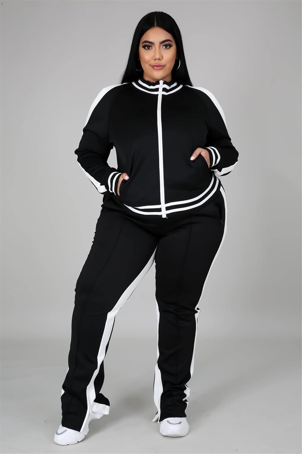 Womens Jogging Suits Plus Size Tracksuit Stripe Jackets Sweatpants 2 Piece Sweatsuits Set - Image 5