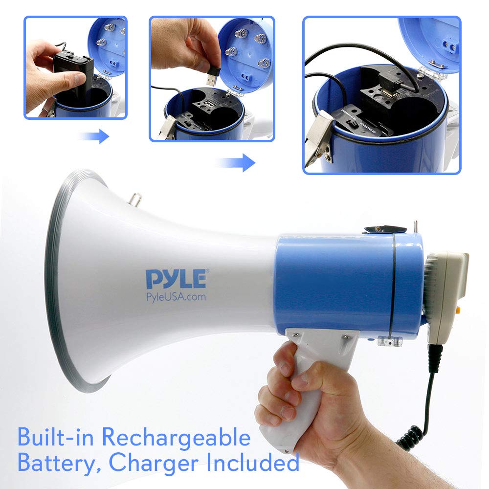 Pyle Megaphone PA Bullhorn Speaker - Built-in Siren 50 Watts Rechargeable Battery- 10 Sec Record Function for Football Baseball Basketball Cheerleading Fans Coaches or for Safety Drills - (PMP59IR)