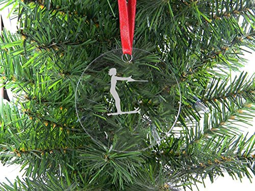 Personalized Custom Female Water Skiing Clear Acrylic Hanging Christmas Tree Ornament with Red Ribbon