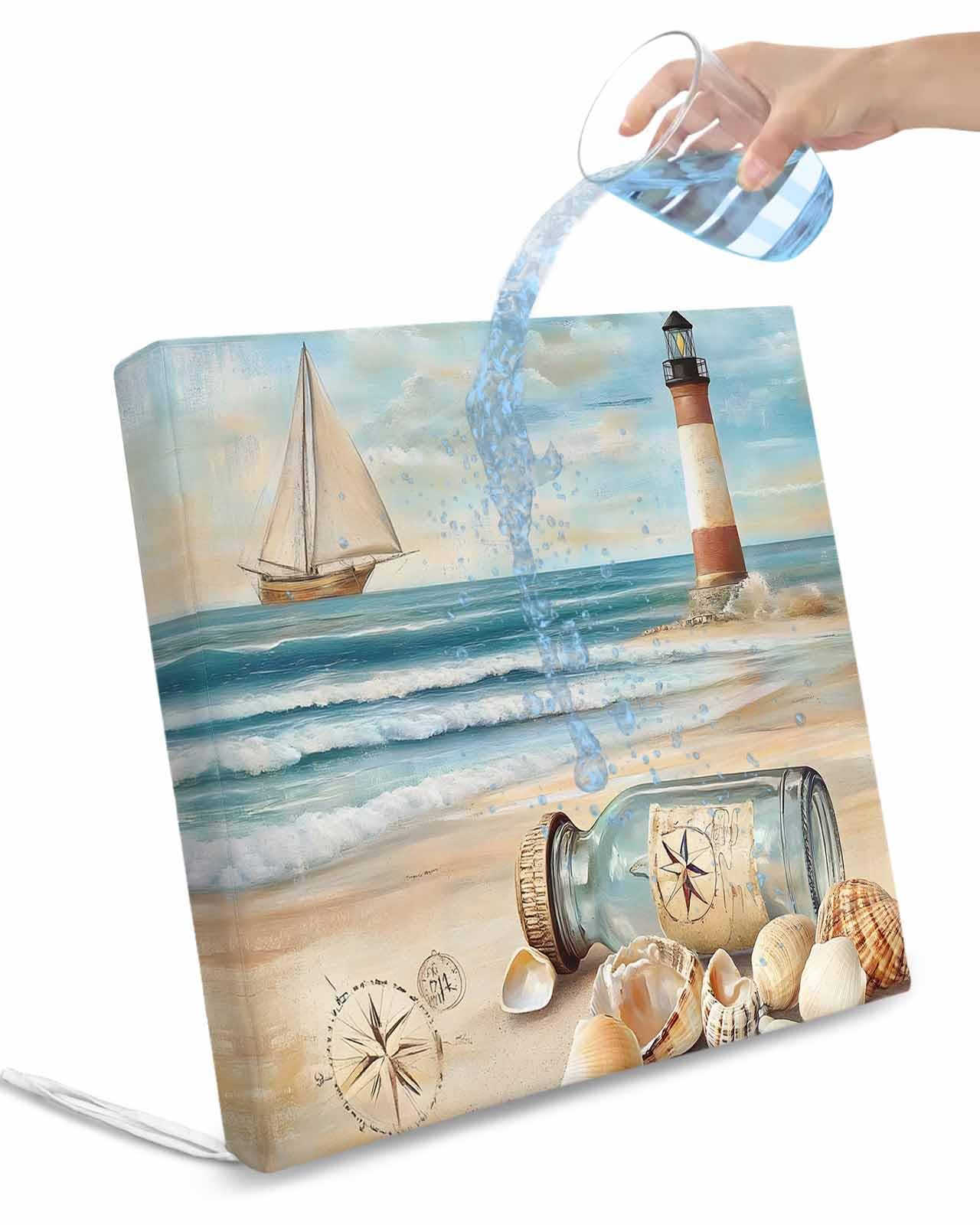 2 Pack Coastal Nautical Waterproof Cushion Covers with Ties, Outdoor Patio Chaise Lounge Chair Seat Cushion Slip Covers Replacement(Only Cover) Summer Ocean Beach Wave Compass 24