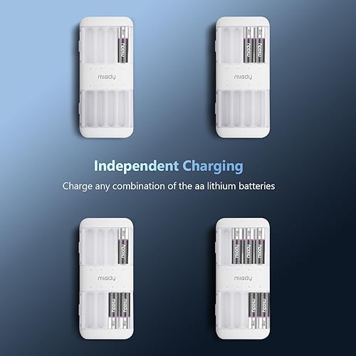 Miniatura 7 de Miady Paquete de 8 baterías recargables AA de litio con cargador rápido, baterías de litio de alta potencia de 1.5 V 2500 mWh, baterías de litio AA