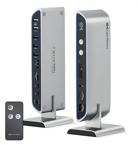 Cable Matters Base de conmutador KVM USB C dual 4K 60Hz 14 en 1 para 2 computadoras, carga de hasta 100 W, DisplayPort y HDMI, puerto USB-AC de 10