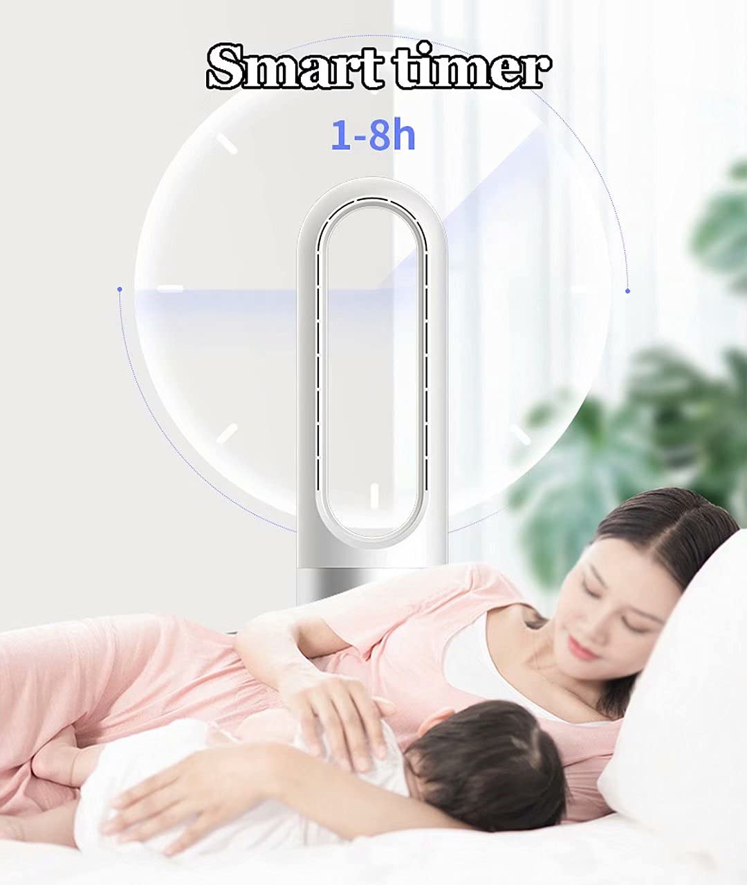 Ventilatore a torre senza pale, oscillante a 80°, con telecomando e controllo touch, 8 velocità, timer da 8 ore, ventola di raffreddamento per camera da letto e ufficio