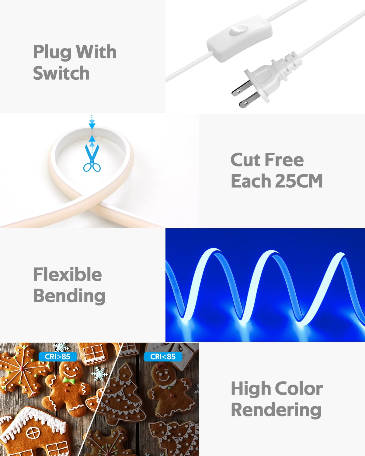 Samsion Blue COB LED Strip Lights 120V 16.4FT Led Rope Lights Outdoor Waterproof with Switch Plug in 288Leds/M High Density AC110V-120V LED Tape Lights for Bedroom Backyards Holiday Decor 5M