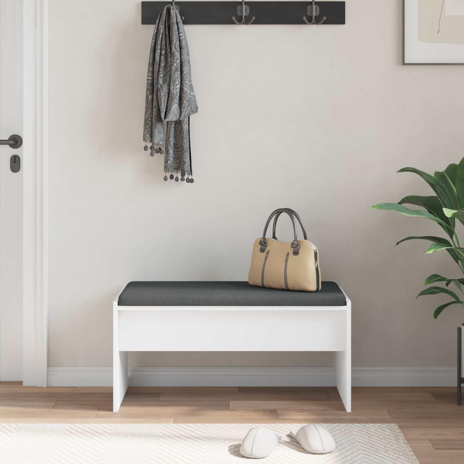 Banco moderno rectangular con cojín, color blanco, 83 x 38 x 40 cm, banco de madera con patas estables, superficie de fácil cuidado, ideal para pasillo y entrada