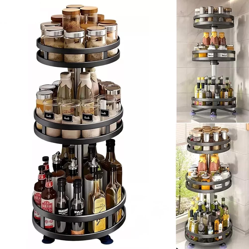 Pioneer Goods Black 3 Tier 360° Rotating Spice Rack, Height Adjustable Kitchen Organiser, Revolving Turntable For Pantry Cabinet Countertop Bathroom Storage, Steel, 60 X 25Cm