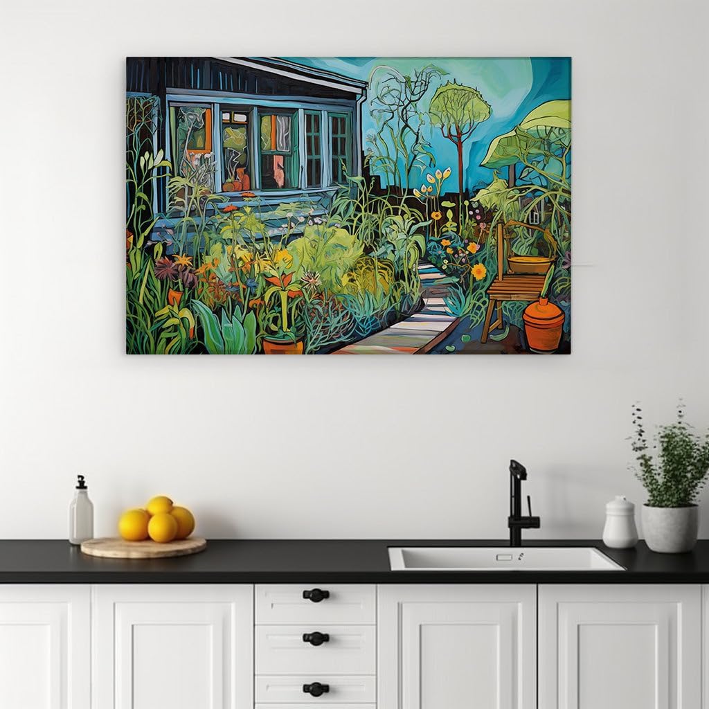Canvas for Living room. Serene Garden Sanctuary: Where Nature's Palette Unfolds Outside the Blue Haven, 27 x 18 inch Canvas Wall Art - Ready to Hang - 69x46 cm (27x18 inch)