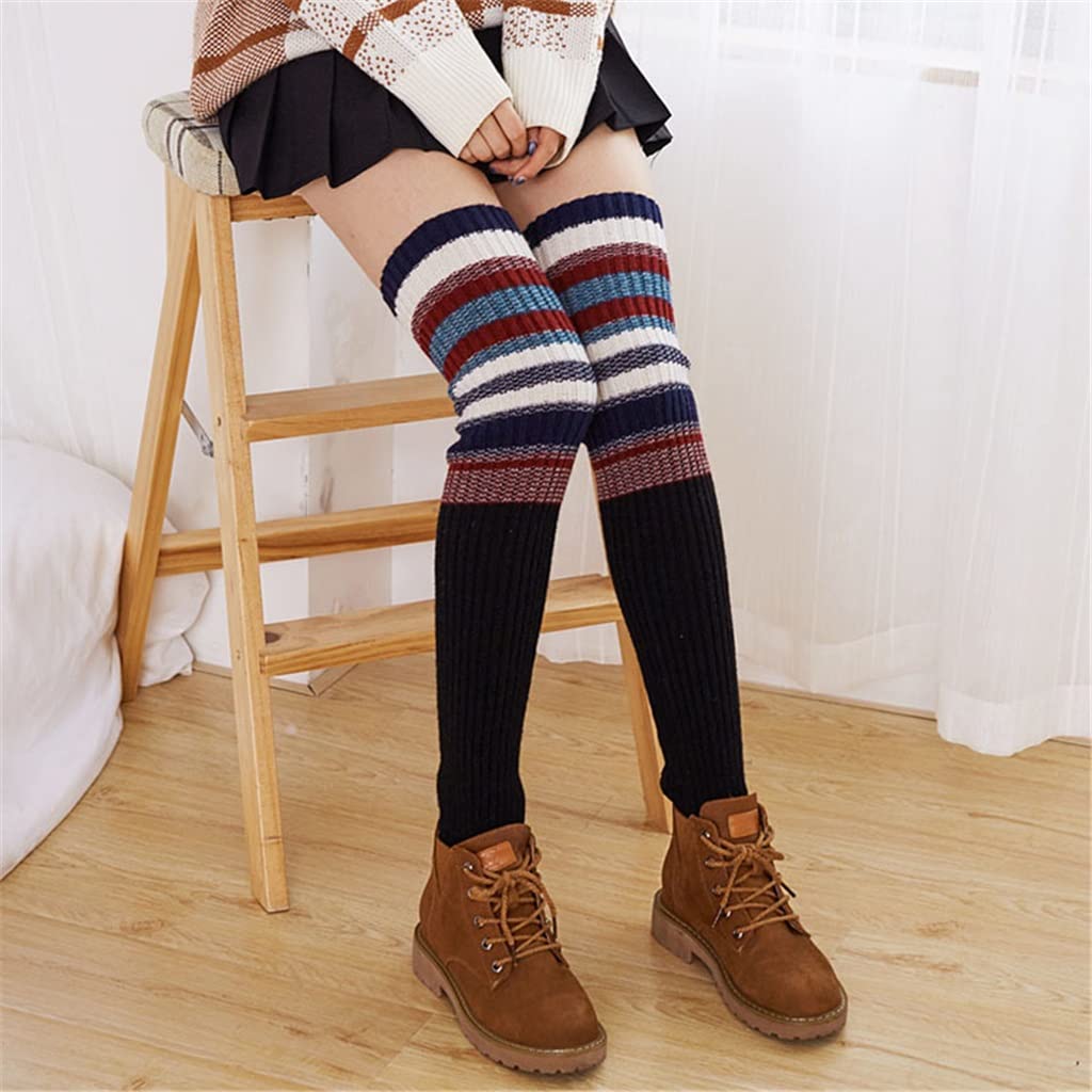 ACiyD sopra Il Ginocchio Scaldamuscoli Caldi Invernali da Donna Calzini Gamba Lunghe Patchwork a Righe Scaldamuscoli in Lana Lavorati a Maglia (Color : C, Size : One Size) (C One Size)