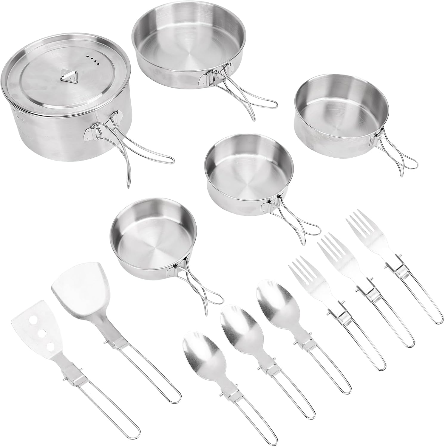 Lightweight Stainless Steel Camping Cookware Set,Foldable Handle, Portable Kitchen Utensils Cooking Set with Spatula and Spoon