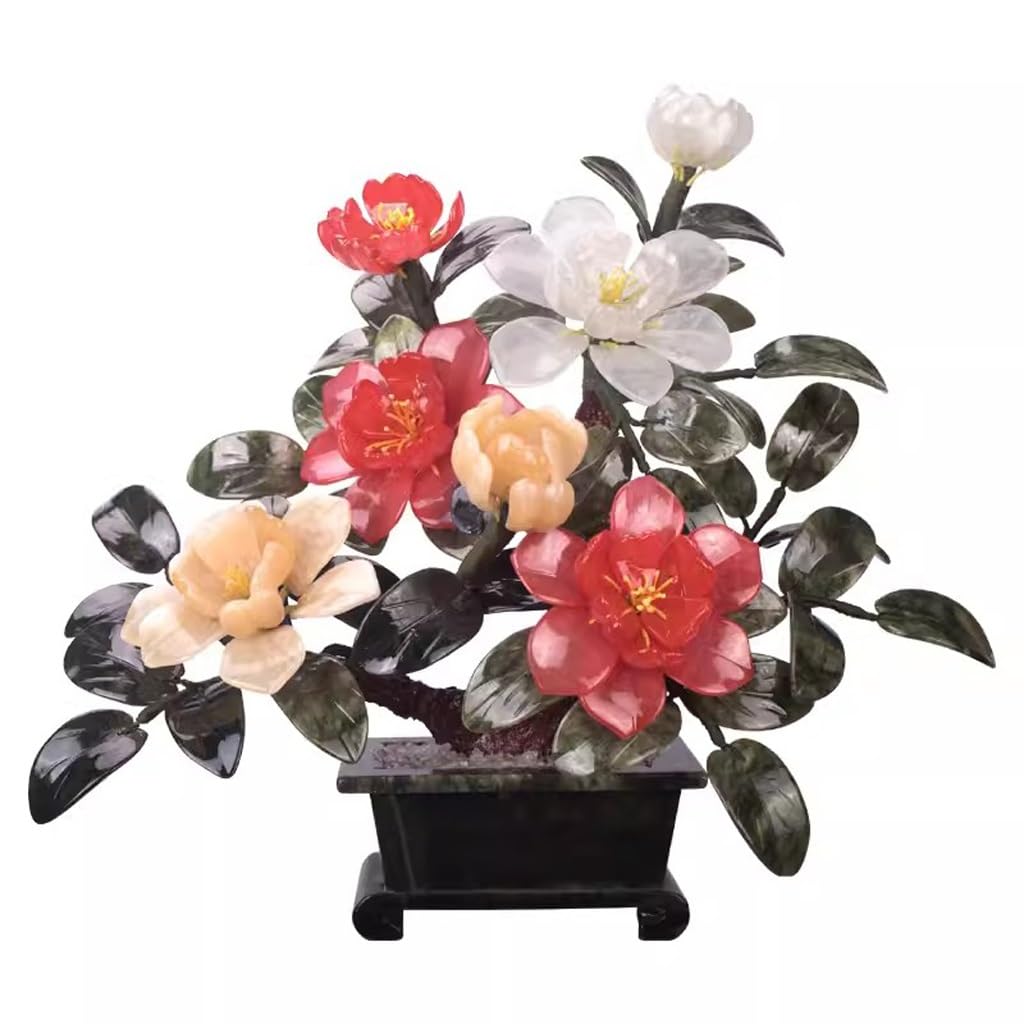 DFGHNBVC Artificial Bonsai Tree Jade Peony Flower Living Room Bedroom Study Jade Carving Creative Handicraft Decoration Ornament Desktop Display Fake Plant Greenery Decor,
