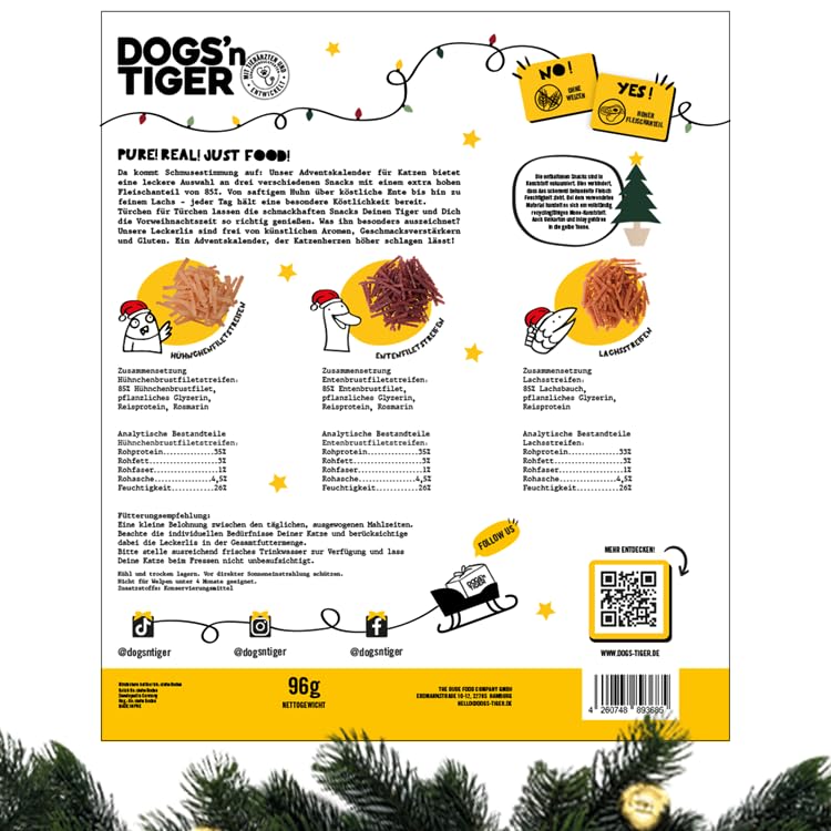 Adventskalender für Katzen von Dogs'n Tiger – Natürliche & hochwertige Snacks aus 85% Fleisch hinter jedem Türchen, ohne Zucker & Getreide für alle Katzen