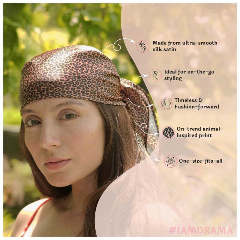 Image of Hair Drama Co. Elastic Bandana Head Scarf for Women | Silk Satin Head Wrap Bandana Scarves | Boho Style Statement Headband Stylish Design | All Day Wear Scarves | Hair Scarf Accessories