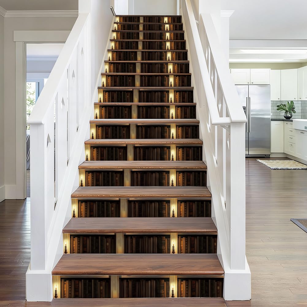 PLIGREAT 15 Strips Retro Art Style Stair Riser Decals, Peel and Stick Stair Stickers for Steps 18x100cm Self-Adhesive Vinyl Candlelight Bookshelf Staircase Murals for Home Hotel Decorative