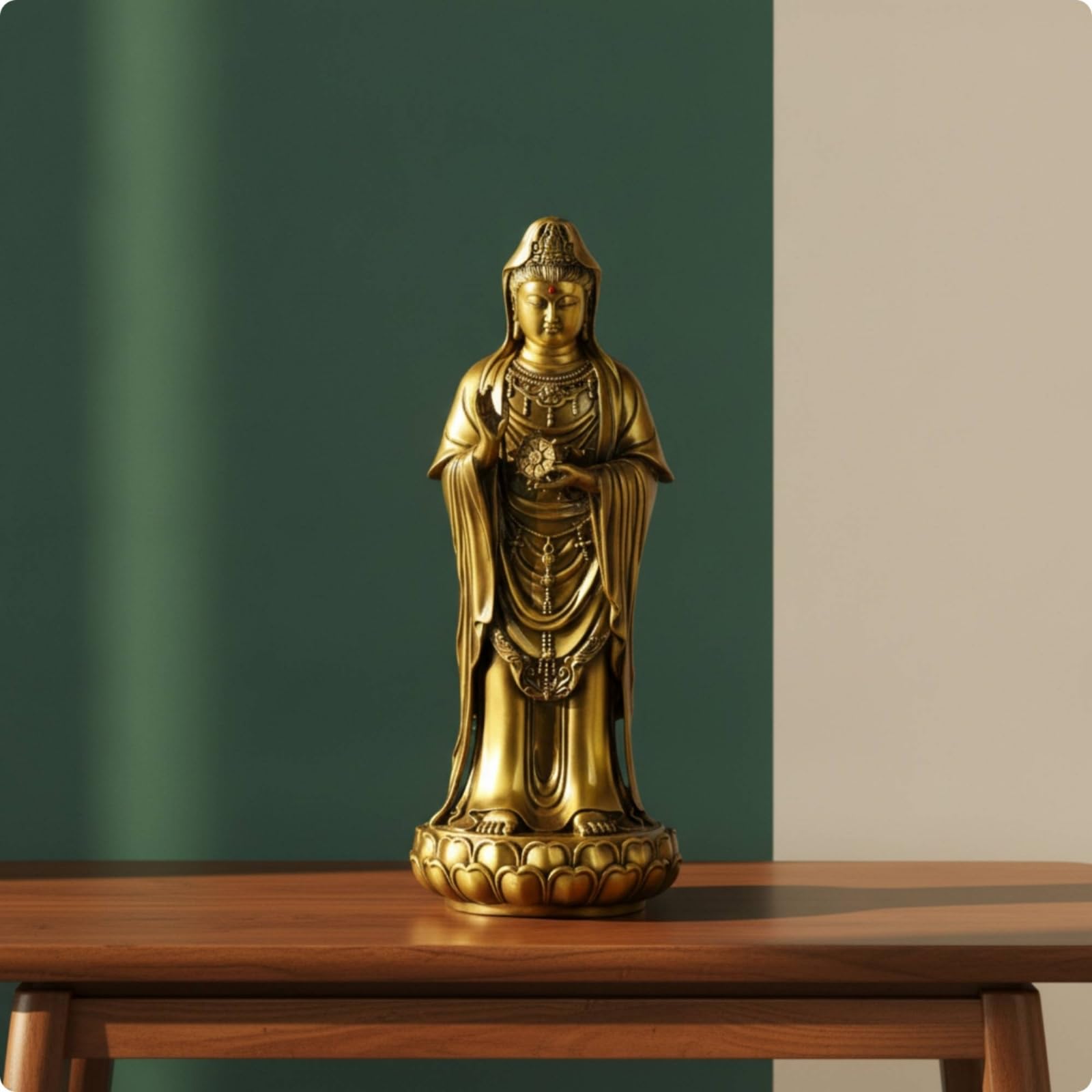 Estatua de Latón Figura Deidad Escultura Guanyin Imagen Buda Pulida con Pedestal Trabajado Adecuada para Altar Personal Oración Meditación Decoración Tradicional del Hogar, 28cm