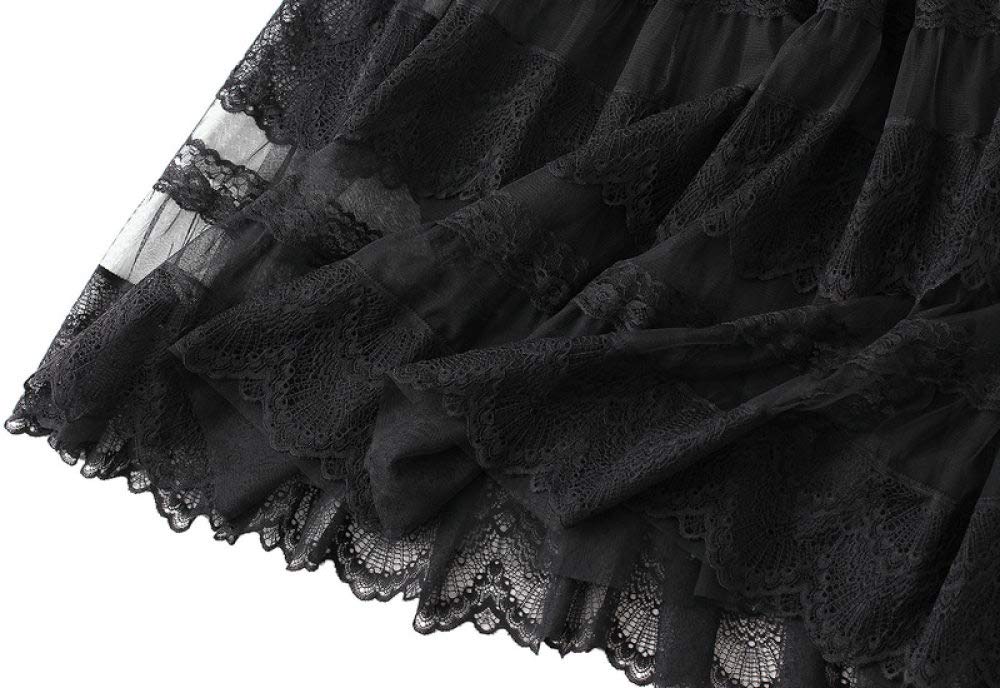 Mehrlagiger Damen-Midirock Aus Tüll, Vintage-Spitzen-Mesh-Röcke, Schwarz, Elastischer Faltenrock Mit Hoher Taille, Gerüschter Rüschenrock In A-Linie, Eleganter Langer Rock Für Damen Und M