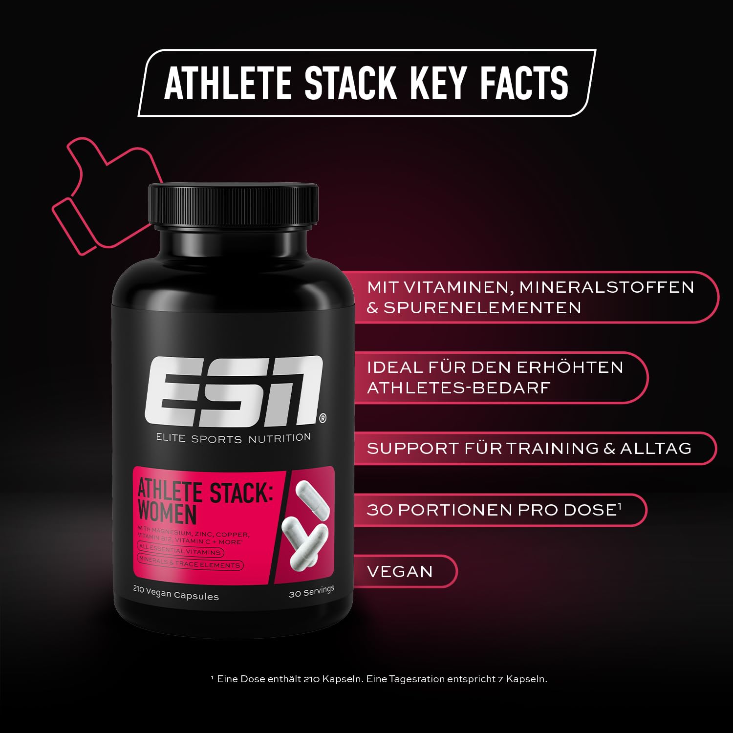 ESN Athlete Stack Women, 210 Kapseln, Alle essentiellen Vitamine und Mineralstoffe, vegan - Made in Germany