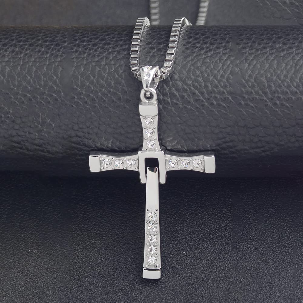 Collar de Cruz de Acero Inoxidable,YUEYUEKE Joyería de acero de reducción 1:1, incrustadas con diamantes de imitación, regalo para marido/parientes/amigo (caja de regalo), Acero inoxidable