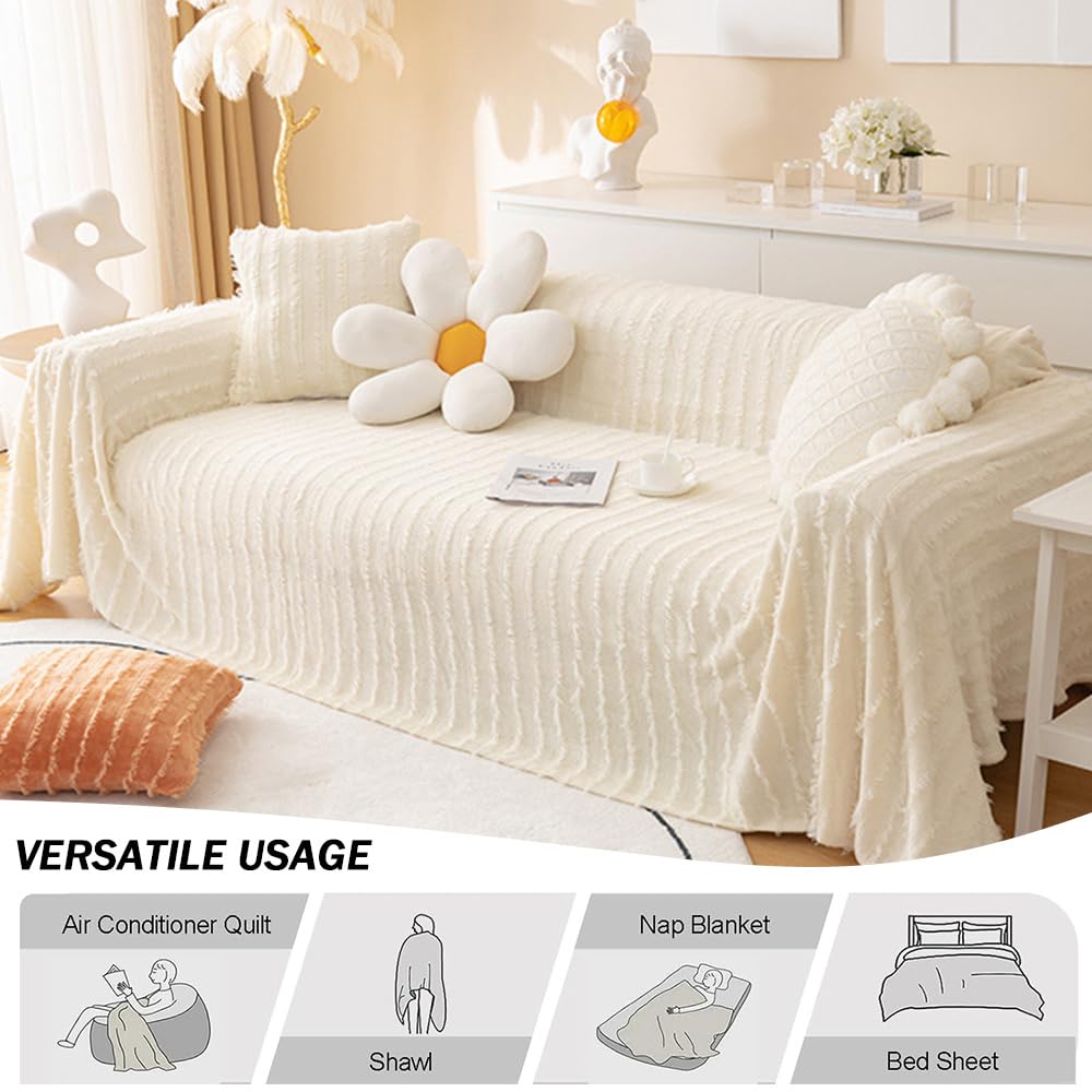 Copridivano In Ciniglia Bianco 180x130 Cm - Coperta Morbida Per Divano, Antimacchia, Con Frange - Foto 7