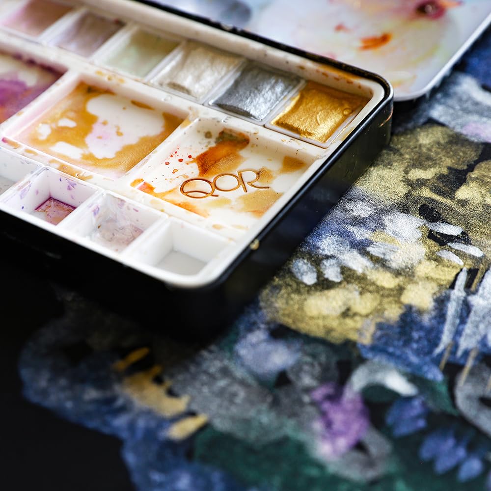 QoR Reflektierendes Halbschalen-Set von Gold, 6 halbe Wasserfarben, professionelles Aquarellfarben-Set