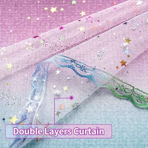 Image of 52x95 Mix & Match Double Layer Laser-Cut Stars Gradient Blackout Curtains with Foil Print Sheer, 2 Panels Set - Purple Blue Pink