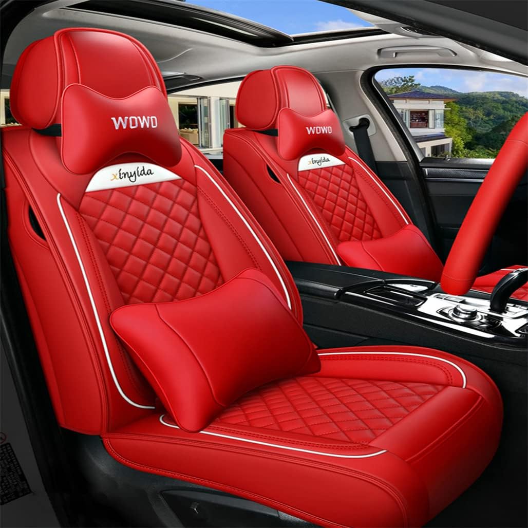 Aoyade Car Seat Covers with Pillows Fit for Hon-da Accent/Brio/i25/Avega/ 2006-Present Durable PU Leather Cushion Covers Intended for 5 Seats Vehicle, Red
