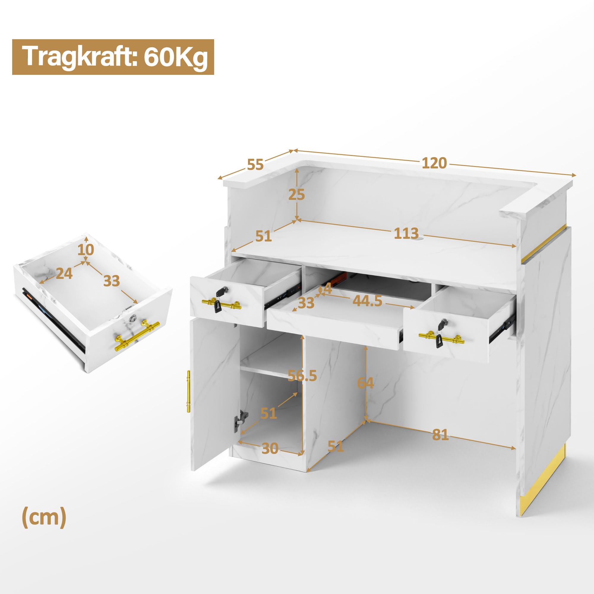 Barberpub Empfangstheke mit 3 Schubladen & 1 Schrank, Empfangstisch mit Beleuchtung, 55x120x107 cm