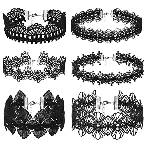 6 Piezas Choker de Encaje Negro Tatuaje Gótico Encaje Punk Collar Damas Niñas Accesorios de Fiesta de Halloween