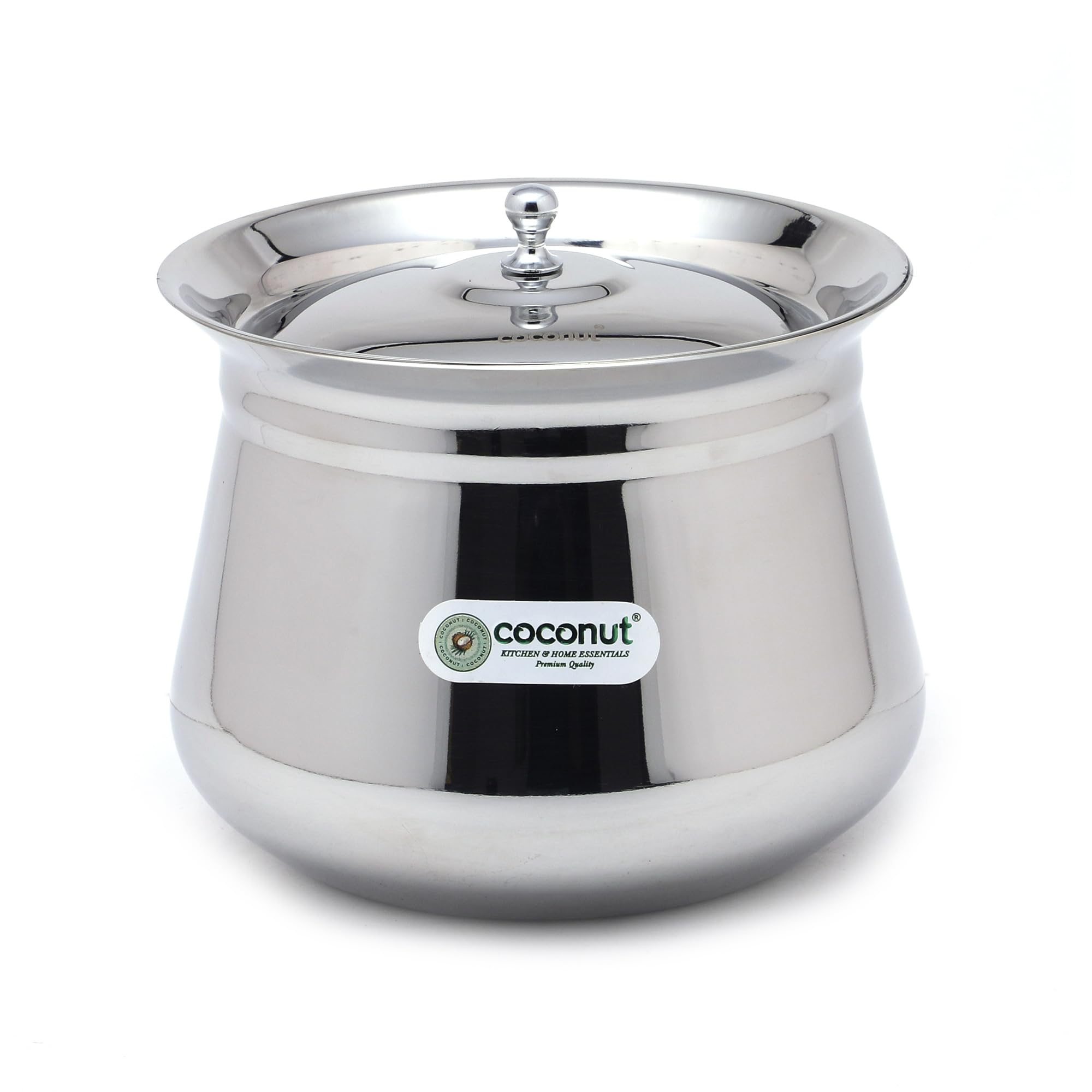 Coconut Stainless Steel Handi with Lid – Heavy Duty Casserole Pot for Indian Cooking, Gas & Induction Compatible, Mirror Finish, Rust-Resistant Cookware | Pack of 1 | 2500 ml
