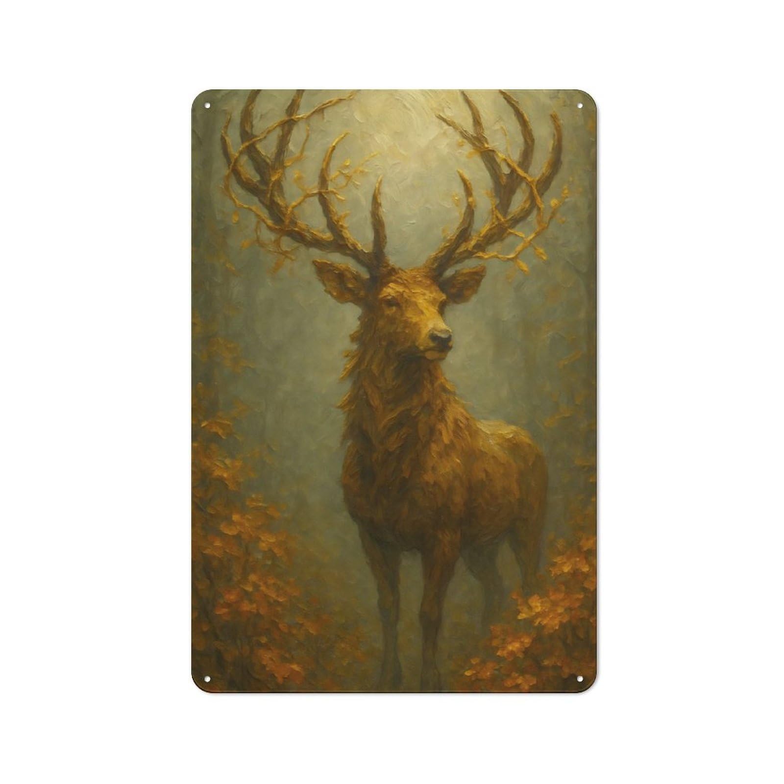 Vintage Golden Deer in Autumn Forest Decorative Metal Plaque 30x20cm, Garden Room Wall Plaque for Shed, Garden Room, Porch Or Garage