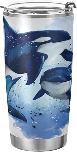 MCHIVER Two Killer Whales in The Ocean - Taza de café de viaje de 20 onzas, vaso de acero inoxidable con aislamiento de doble pared con tapa y