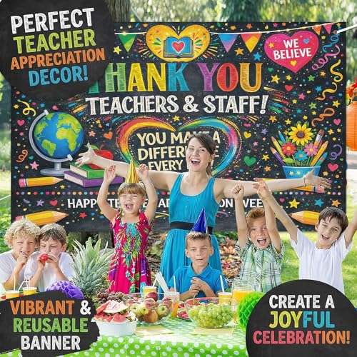 Image of Teacher Appreciation Decorations - Thank You Teachers Teacher Appreciation Week Photo Booth Backdrop Decorations | Teacher Appreciation Banner for Classroom, School Office Decor, Photo Booth Props Background