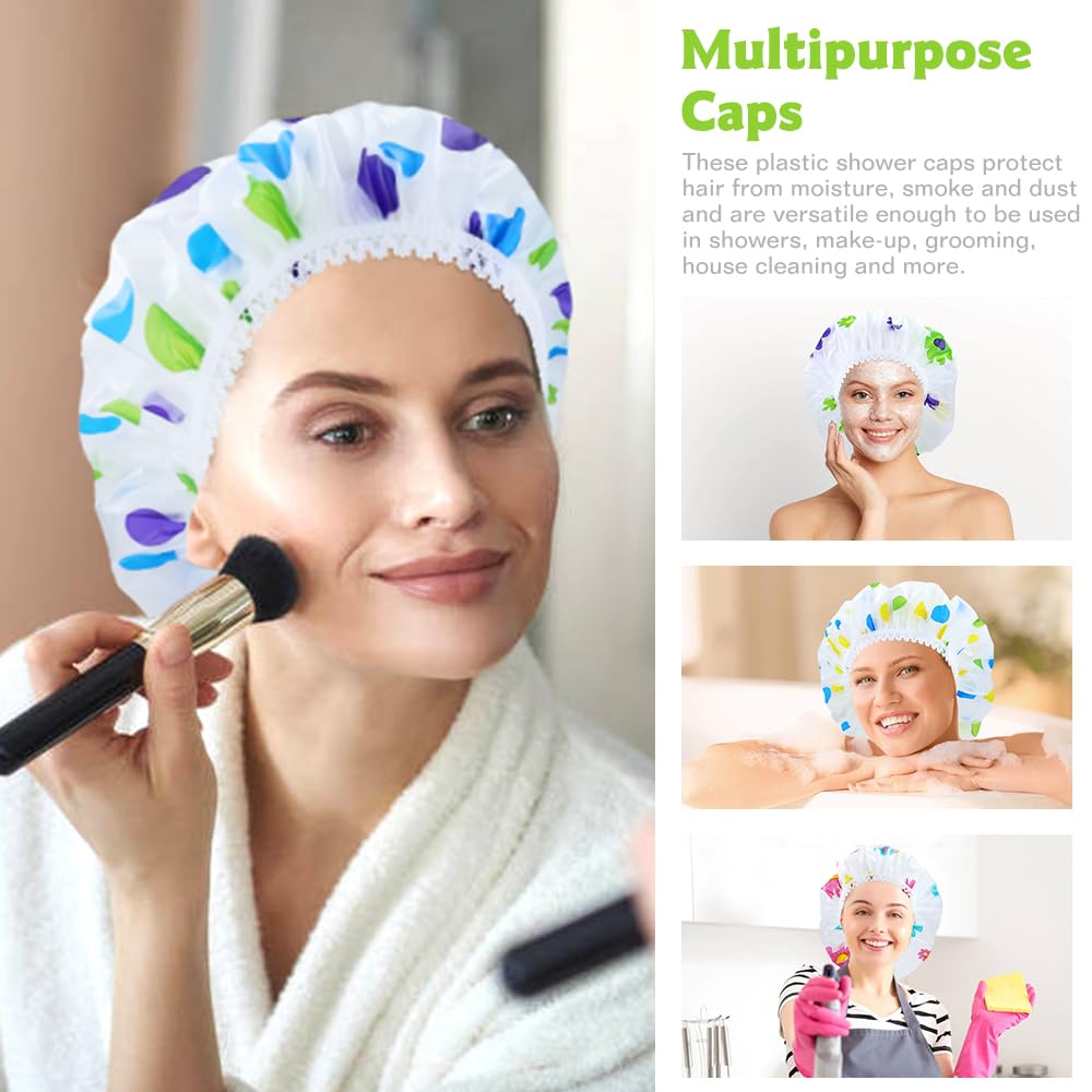 Yoosit 6 PCS Large Plastic Shower Caps Waterproof Bath Caps Reusable EVA Satin Lined Shower Hats Adjustable Bathing Hair Caps Bonnets for Women Girls (3 sun flowers + 3 dots) - Image 2