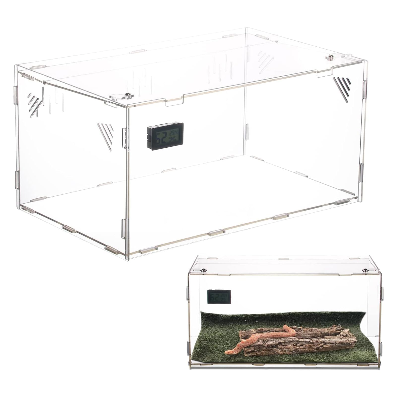 Homtone Terrario de acrílico, terrario de caracoles de temperatura e higrómetro, caja grande transparente para reptiles, caja de cultivo de reptiles portátil, camaleón (39 x 25 x 19 cm)
