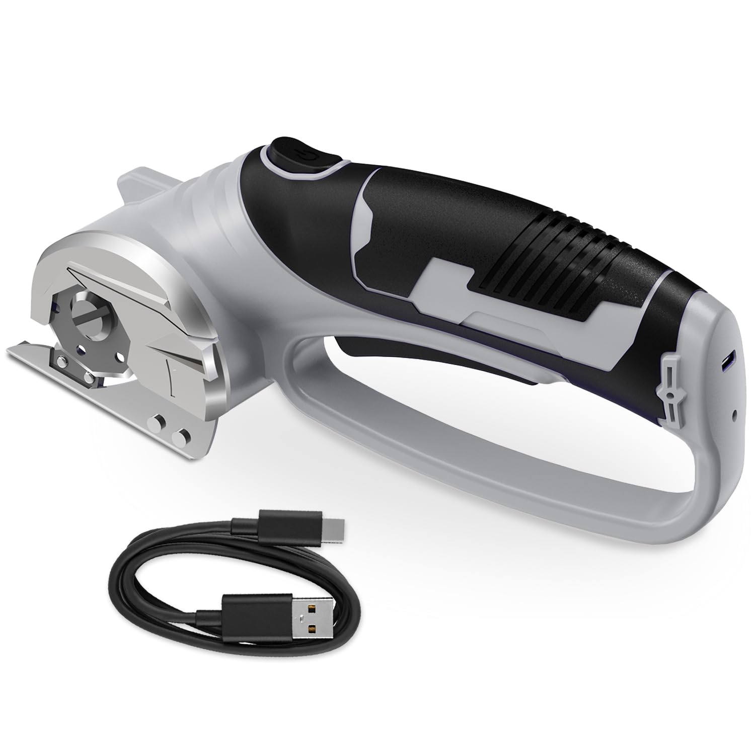 Cordless Electric Scissors, 4V Rechargeable Box Cutter &amp; Cardboard Cutter with Titanium Blade, LED Light, Safety Lock - Rotary Cutter for Fabric, Leather, Carpet, Plastic, Crafting, Sewing (Grey)