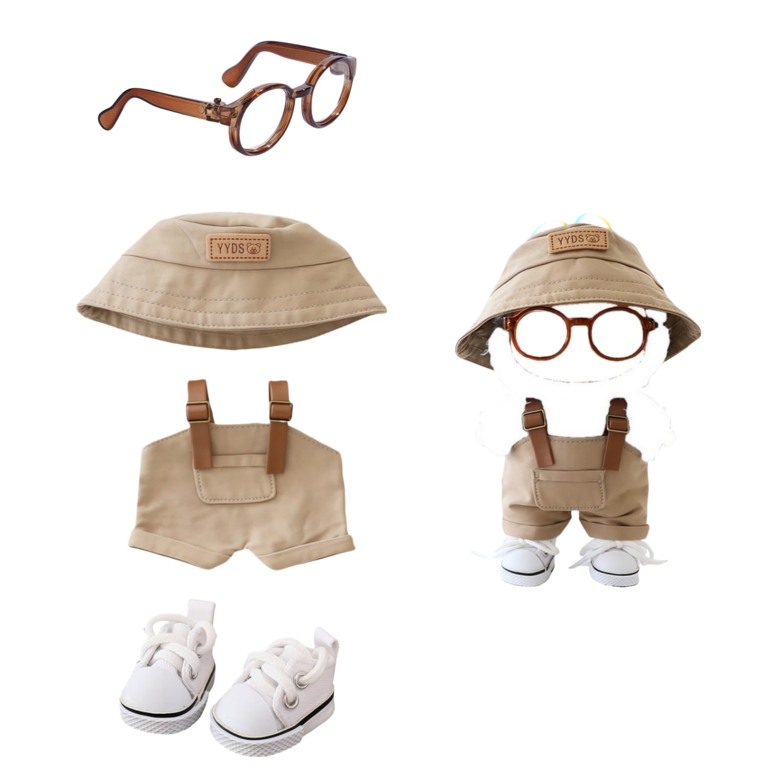 Clothes for Dolls Accessories, Stylish Kawaii Overalls Outfit Set 4 Pieces Bib Pants for 15cm 17cm Doll, Cute Doll Hat Shoes Clothing Set Replacement Khaki