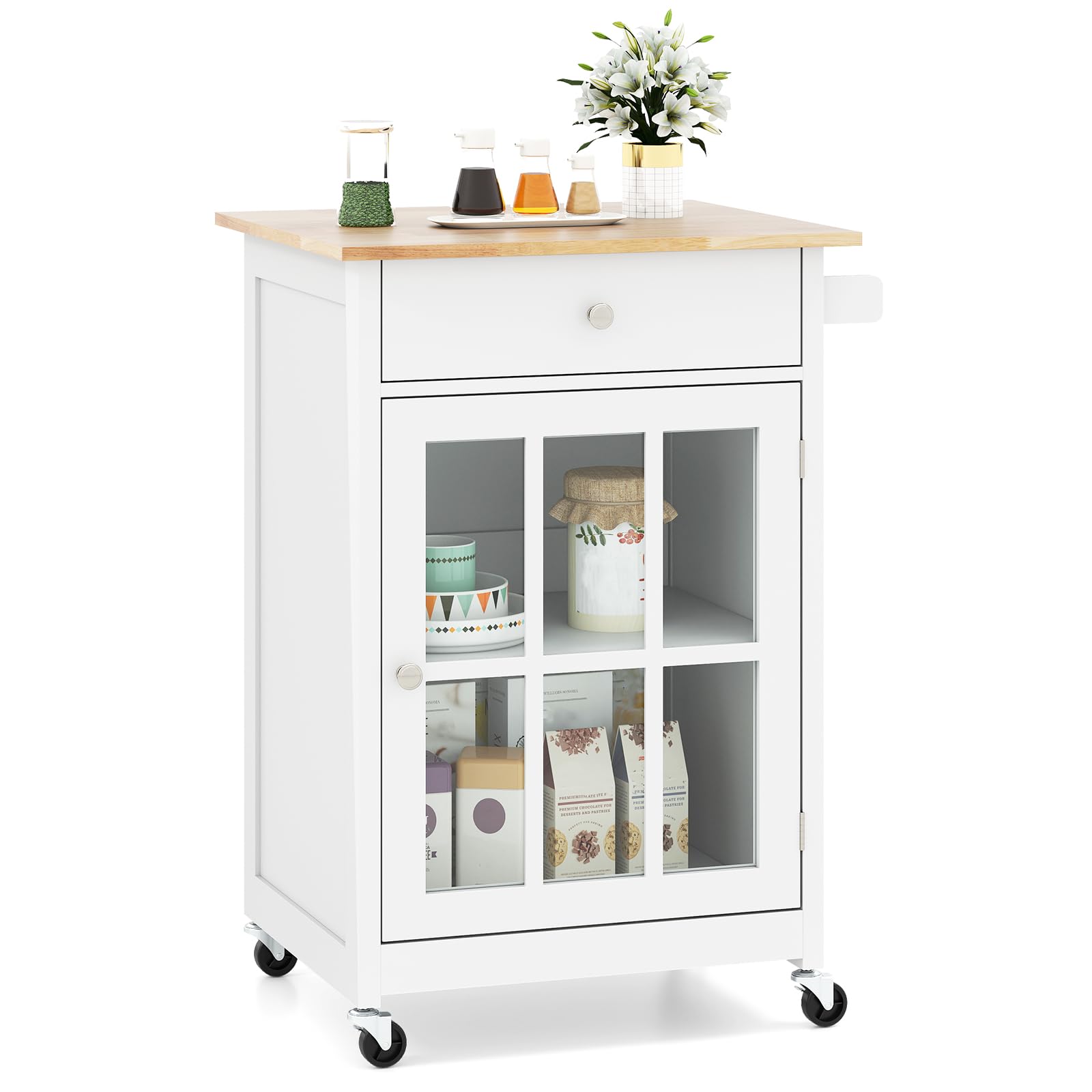 COSTWAY Carrito de Cocina, Isla de Cocina con 4 Ruedas, Tablero de Madera de Caucho, Cajón, Toallero, Estante Ajustable de 3 Niveles, Puerta de Vidrio Templado, Carro de Servicio para Comedor