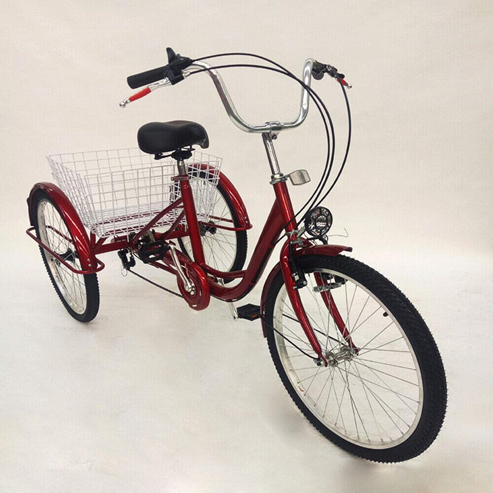 SHZICMY 24" Adult Tricycle 3 Wheel 6 Speed Adult Trike Cruise With Basket & Lamp for Recreation, Shopping,Exercise Men's Women's Bike (Red)