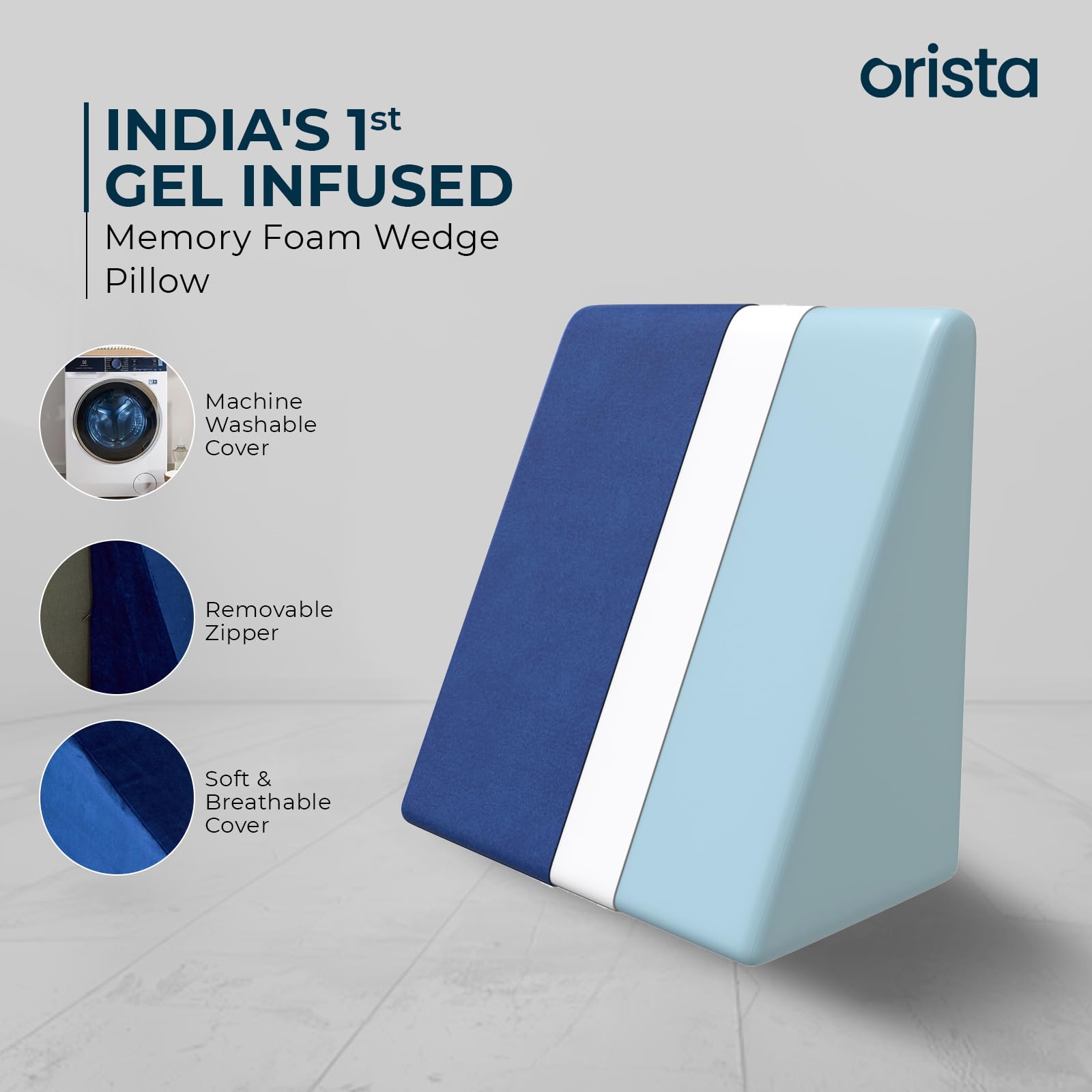 Orista™ Wedge Pillow Made with Advance Gel Blended Memory Foam Complete Back Support, Acid Reflux, Anti Snoring, Leg Elevation, Improves Comfort and Posture | 20 x 20 x 10 Inch | Blue Velvet Cover - Image 3 thumbnail
