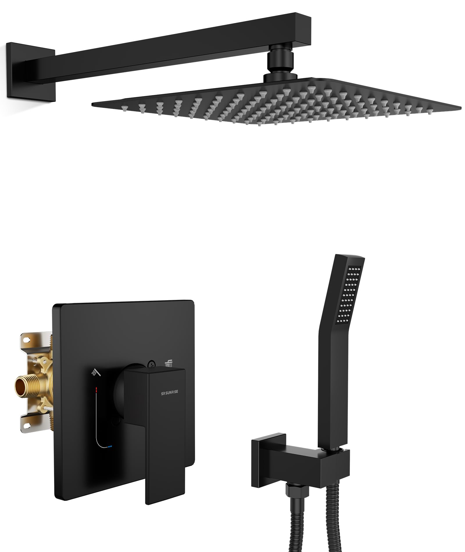 Photo 1 of SR SUN RISE Shower Faucet Set & System - 10 Inch Rainfall Shower Head & Handle Set Wall Mounted Matte Black Solid Brass Valve Trim Kit Included