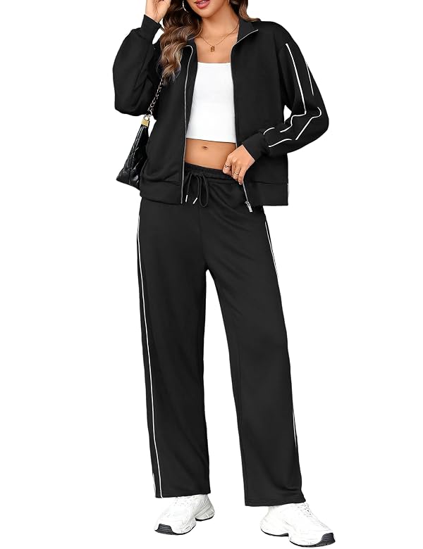 Totatuit Track Suits for Women Set Long Sleeve Zip Up Sweatshirt Wide Leg pants 2 Piece Outfits Jogger Sweatsuits Matching Set Black Medium by Totatuit - Image 3