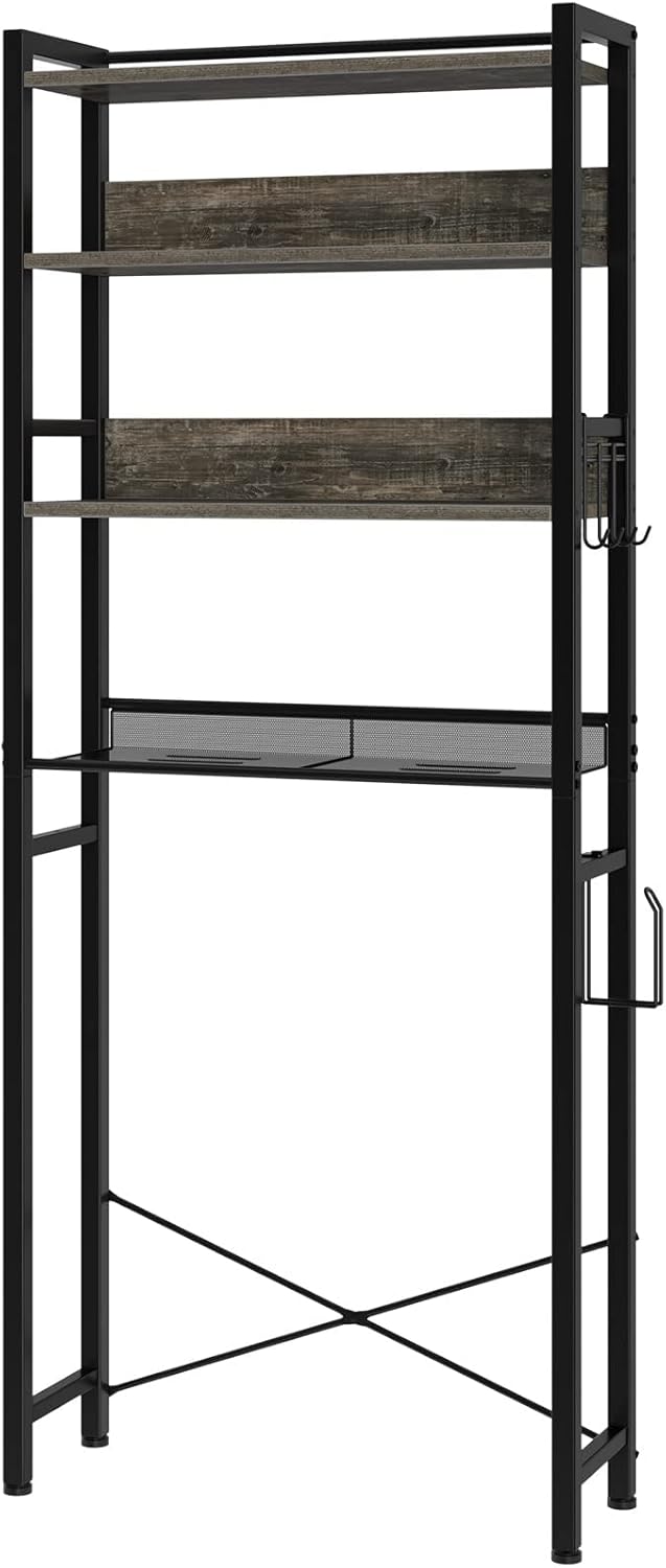 Rolanstar Over The Toilet Storage, 4-Tier Wooden Bathroom Space Saver with Hooks, Freestanding Bathroom Organizer, Multifunctional Over The Toilet Storage Rack, Bathroom Toilet Rack, Gray Grey